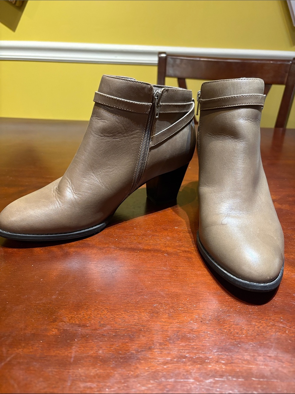 Vionic Taupe Leather Ankle Booties with Block Heel